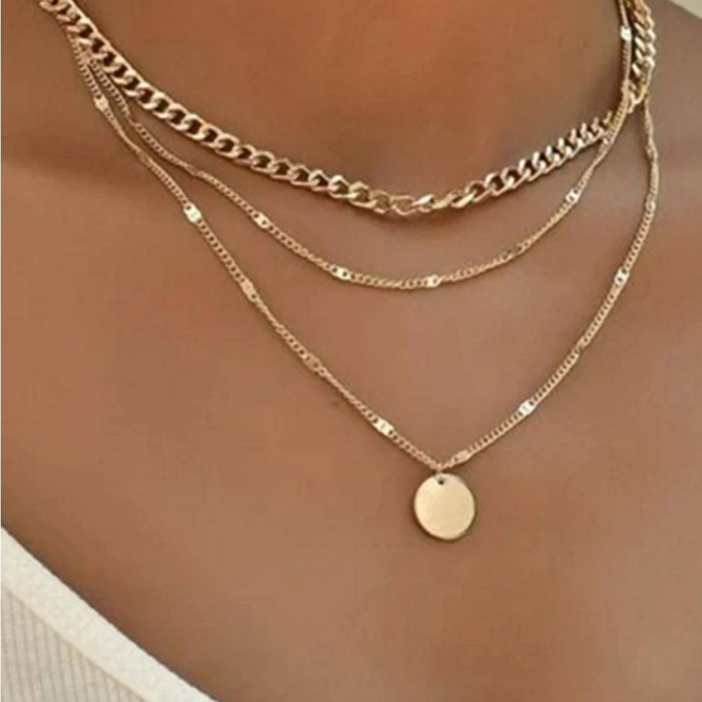 Multi-layer Long Round Disc Gold Chain Pendant Necklace - Picture 8 of 8